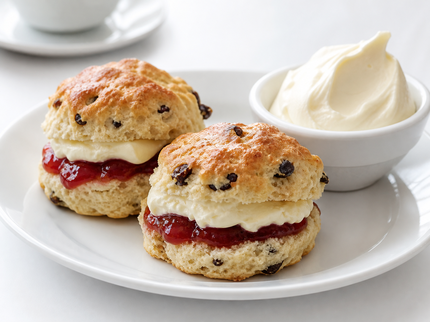Two scones served with jam and cream