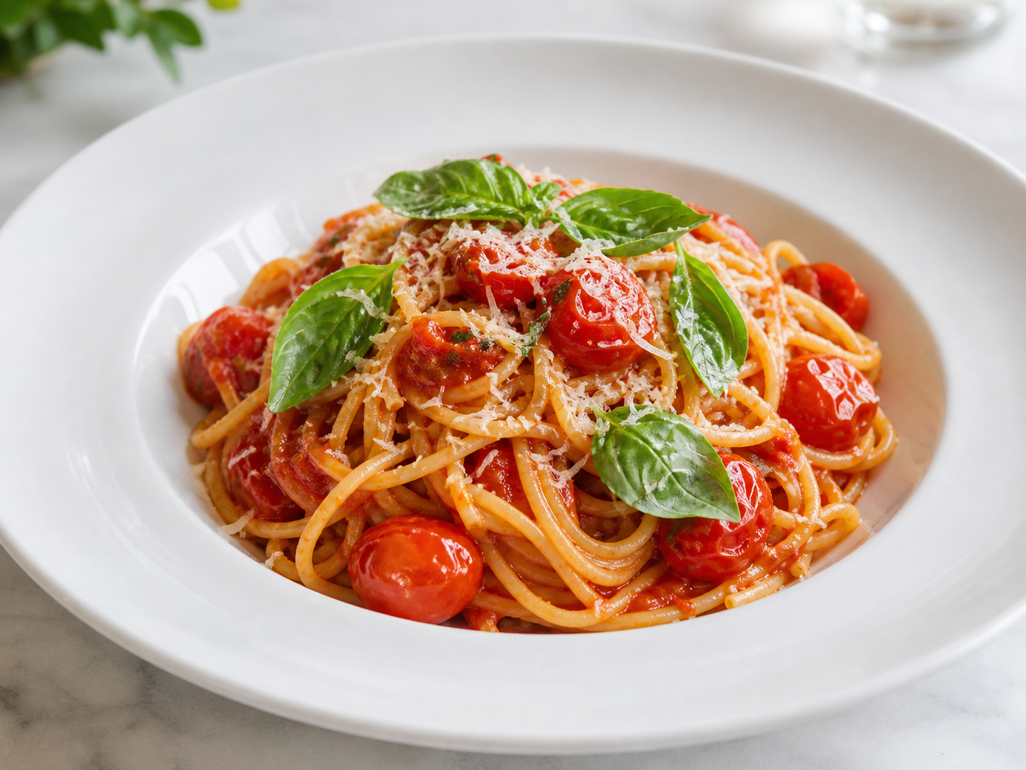 Spaghetti Pomodoro with basil and tomato sauce